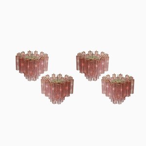 Tronchi Chandeliers with 36 Pink Glasses in the Style of Toni Zuccheri, Murano, 1990, Set of 4