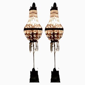 French Brass and Crystal Chandelier Wall Lamps, 1910s, Set of 2