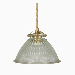 Late Art Deco French Glass Holophane Industrial Pendant Light, 1930s