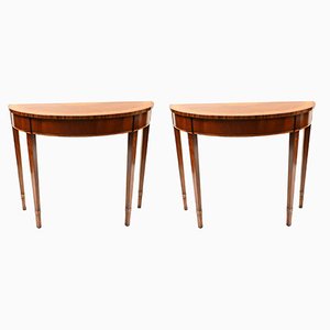 Regency Demi Lune Console Tables in Mahogany and Satinwood, Set of 2