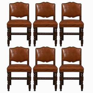 Antique English Leather and Oak Dining Chairs, 1910s, Set of 6