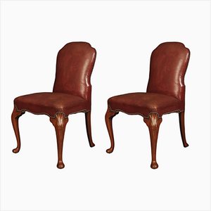 Queen Anne Style Chairs in Walnut and Leather, 1920, Set of 2