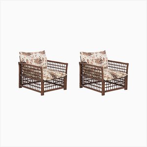Vintage Wood and Rattan Armchairs from Vivai Del Sud, 1960s, Set of 2