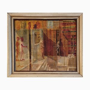 Philip Krevoruck, pintura surrealista, siglo XX, óleo sobre cartón, enmarcado