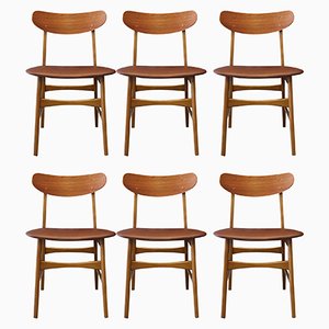 Chairs with Curved Back in Teak and Seat in Leather from Farstrup Møbler, Set of 6