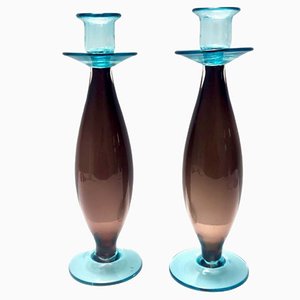 Vintage Italian Candleholders in Brown and Aquamarine Murano Glass, 1980s, Set of 2