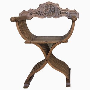 Banc Pliant Savonarola en Noyer Sculpté, 19ème Siècle