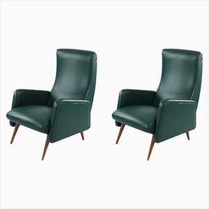 Dark Green Leatherette Armchairs, 1950s, Set of 2