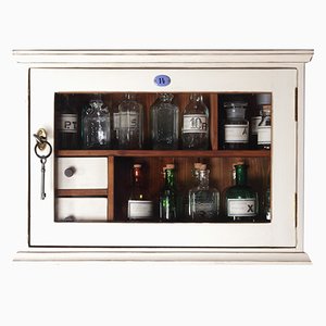Vintage Wall Cabinet with Drawers and Pharmacy Bottles, Set of 25, 1930s