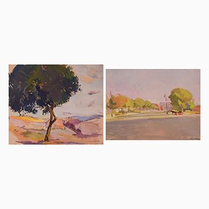Post Impressionist Landscape Paintings, 1940s, Oil on Board, Framed, Set of 2