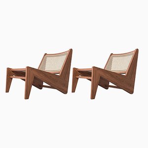 Kangaroo Armchairs in Wood and Wicker by Pierre Jeanneret for Cassina, Set of 2