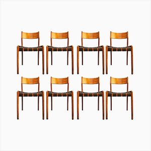 Chairs with Black Leather Seats attributed to Hans J. Wegner, Set of 8