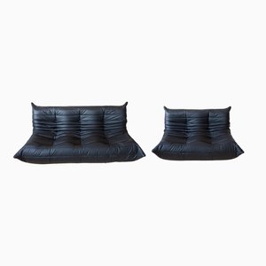 Black Leather Togo 2-Seat & 3-Seat Sofas by Michel Ducaroy for Ligne Roset, 1970s, Set of 2