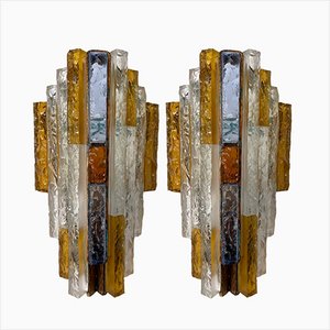 Italian Hammered Glass and Gilt Wrought Iron Sconces from Longobard, 1970s, Set of 2