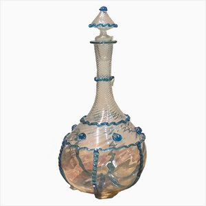 Botella italiana de cristal de Murano transparente y vidrio soplado con borde azul