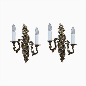 French Brass Wall Sconces Lamps with 2 Lights, 1960s, Set of 2