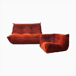 Amber Corduroy Togo Corner Seat, Lounge Chair and 2-Seat Sofa Set by Michel Ducaroy for Ligne Roset, 1970s, Set of 3