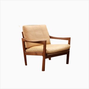 Ocher Leather & Teak Easy Armchair by Niels Eilersen for Illum Wikkelsø, 1960s