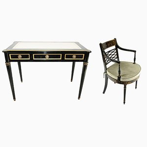 Regency Black Lacquer Desk and Chinese Chair, Set of 2