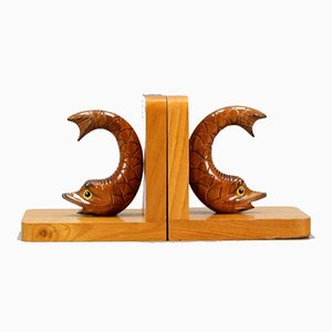Sujetalibros de madera con esturiones tallados a mano, años 70. Juego de 2