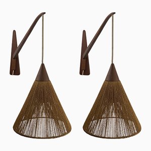 Teak Sisal and Brass Arc Swing Wall Lamps attributed to Temde, Switzerland, 1960s, Set of 2