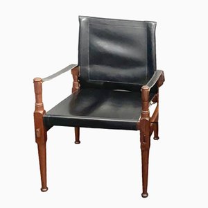 Black Leather Safari Chair from Khyber Wood, Peshawar, 1970s