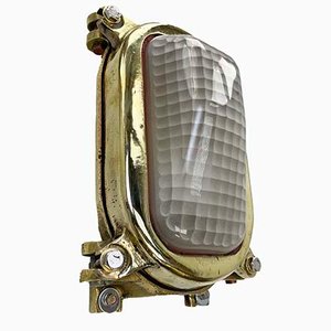 Rectangular Cast Brass Wall Light with Frosted Quadrant Pattern Glass Shade, 1970s