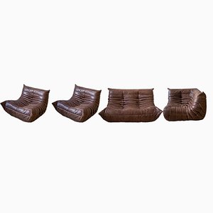 Dubai Brown Leather Togo Corner Seat, Lounge Chair and 2-Seat Sofa Set by Michel Ducaroy for Ligne Roset, 1970s, Set of 4