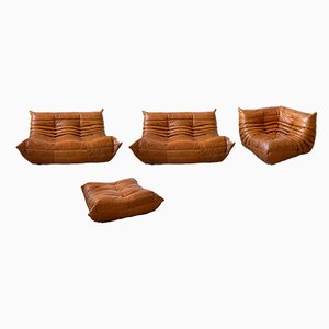 Pine Leather Togo Living Room Set by Michel Ducaroy for Ligne Roset, 1979, Set of 4