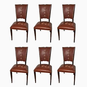 Art Deco Chairs in Red Leather, France, 1930s, Set of 6