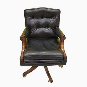 Vintage Oak Framed Chesterfield Captains Armchair in Black Leather, 1980s