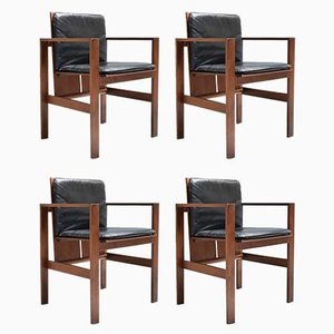 Vintage Chairs in Walnut and Black Leather by Bernini, Set of 4