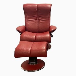 Large Lounge Chair in Red Leather with Ekornes Stressless Blues Recliner, Set of 2