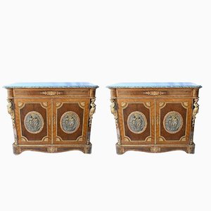 French Empire Side Cabinets with Bronze Plaques and Marble Tops, Set of 2