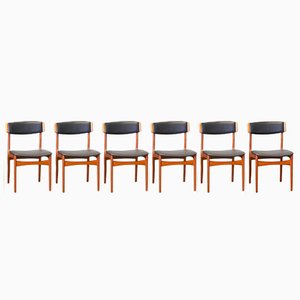 Danish Chair in Teak and Black Leather, 1960s, Set of 6