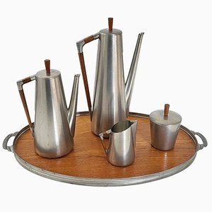 Scandinavian Tea and Coffee Set in Teak and Steel from Royal Holland Pewter, 1960s, Set of 5