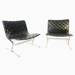 Mid-Century Lounge Chairs in Black Leather attributed to Ross Littell for ICF, Italy, 1970s, Set of 2