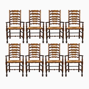 Vintage Lancashire Oak Wavy Line Ladder Back Chairs, Set of 8