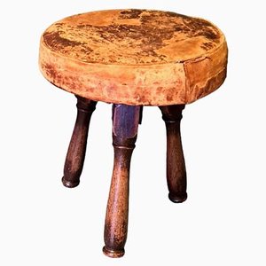 Antique Stool in Wood and Leather, 1890s
