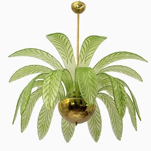 Mid-Century Modern Chandelier with Murano Glass and Brass Palm Leaves, 1970s