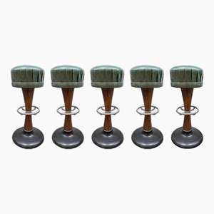 Vintage French Cafe Bar Stools in Green Leather, 1970s, Set of 5