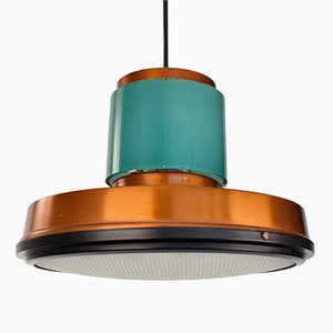 Mid-Century Copper Pendant Light with Teal Glass, 1950s