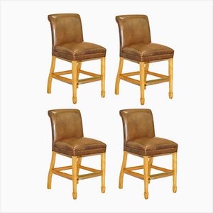 Mahogany & Hand-Dyed Brown Leather High Bar Stools from Malone & Hancock, Set of 4