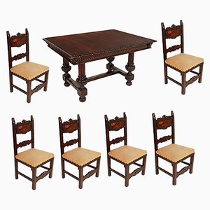 19th Century Walnut Table and Chairs, Set of 7
