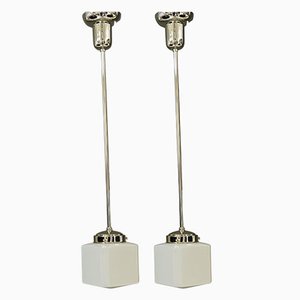 Art Deco Nickel Pendant with Opal Glass Shade, Vienna, 1920s, Set of 2