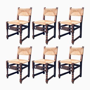 Craftsman Oak & Rush Dining Chairs, France, 1940s, Set of 6