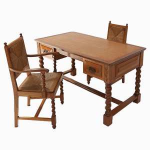 Art Deco Oak Desk and Chairs, 1940s, Set of 3
