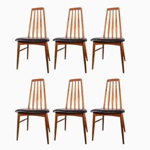 Eva Chairs in Teak and Black Skai by Niels Koefoed for Koefoeds Hornslet, Set of 6, 1960s