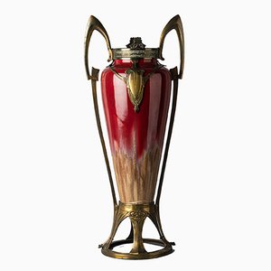 French Art Nouveau Crimson Ceramic Vase from Honegge