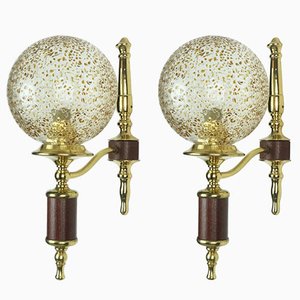 Mid-Century Wall Lamps in Brass and Mahogany, 1970s, Set of 2